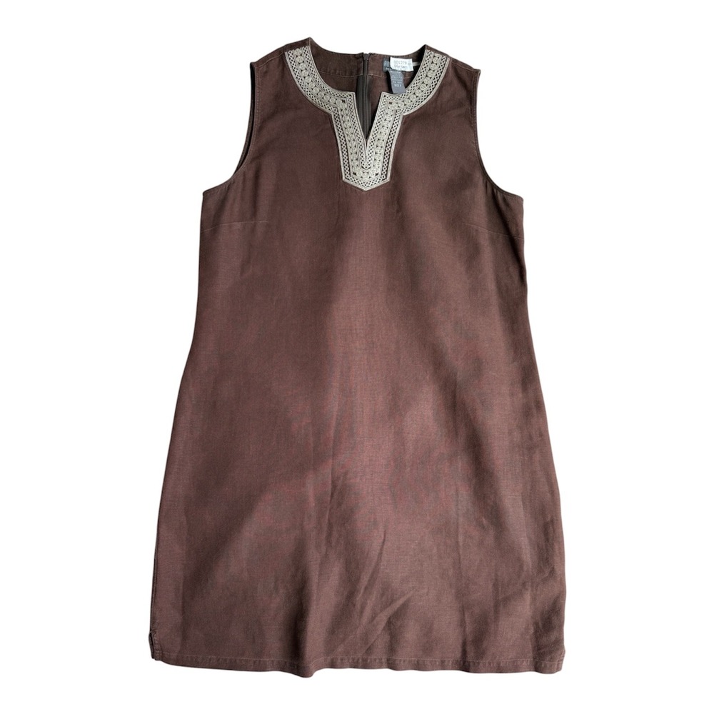 Additions by Chicos Brown 100% Linen Embroidered Split Neck Shift Dress Size 2